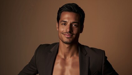Fototapeta premium Smiling male model posing in studio, wearing open dark blazer revealing bare chest, brown backdrop
