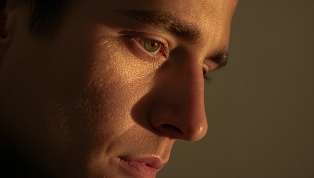 Showing close-up adult male face catching warm directional light in studio, detailed skin texture