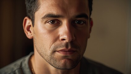 Fototapeta premium Gazing steadily toward camera, man with stubble wearing grey shirt and thin gold chain in studio