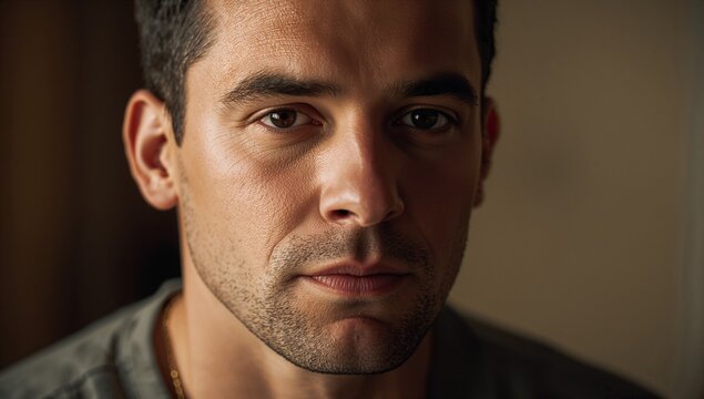 Gazing steadily toward camera, man with stubble wearing grey shirt and thin gold chain in studio