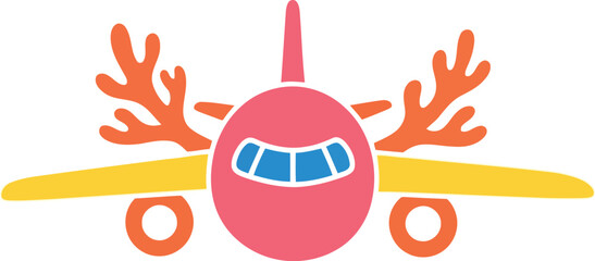 Colorful cartoon airplane with antlers illustration for holiday and Christmas travel themes © Taslima