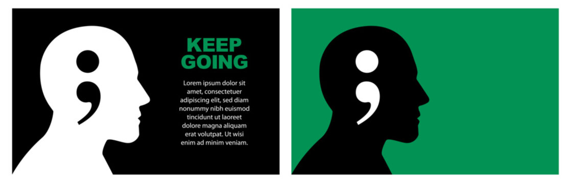 Mental Health Awareness concept with semicolon symbol inside human head silhouette.