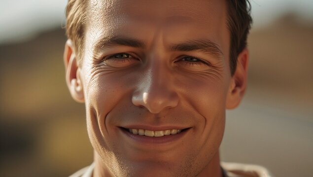 Smiling man showing dimples and crow's feet in outdoor golden light, wearing light shirt