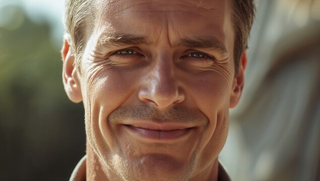 Smiling middle-aged man's face filling frame, basking in sunlight outdoors, showing collared shirt