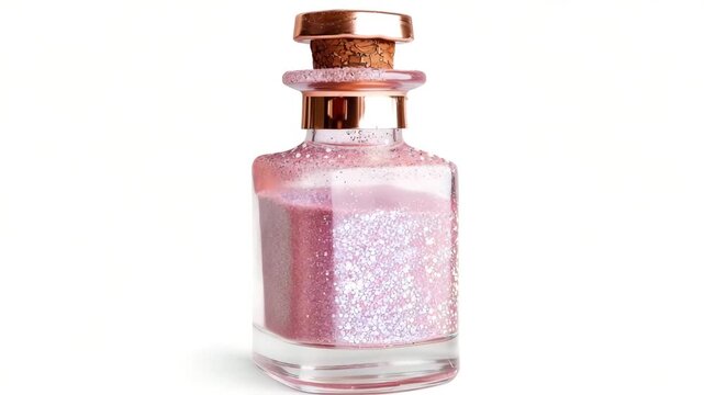 A love potion bottle filled with sparkles sits on a table under natural light. The bottle's design catches the light, creating a magical atmosphere. Colors blend nicely