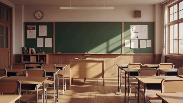 A video showcasing an empty classroom with desks and a blackboard in a serene and peaceful atmosphere