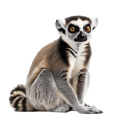 Fototapeta premium Lemur sits and looks around in a neutral studio setting, with focused eyes and its body turned slightly to the side while maintaining a calm posture