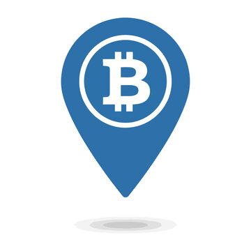 Blue vector location pin icon featuring the bitcoin symbol prominently displayed
