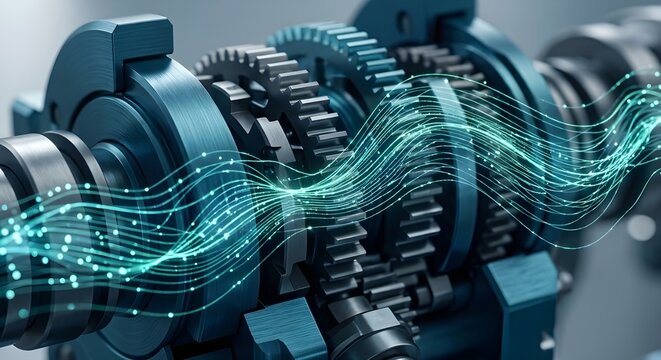 Abstract 3D render of a futuristic mechanical gear system with glowing teal data streams