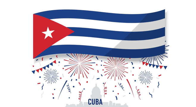 Cuba flag waving with fireworks and confetti, celebration and patriotism
