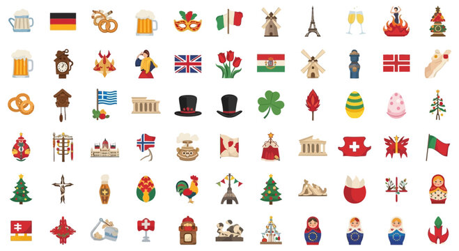 Cultural Icons Collection: Flags, Landmarks, Symbols, Food, and Traditions