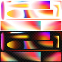 Obraz premium Set of bright cinematic light leaks. Vibrant transparent iridescent fluid liquid gradients with overlay effect. Vector colorful gradients bokeh with a holographic flairs for vintage, dreamy effects.