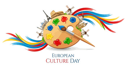 European Culture Day Art Palette with Landmarks and Colorful Strokes © Muhamad