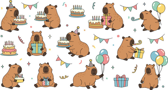 Set of cute capybara birthday party scenes with cakes, balloons, gifts and festive decorations in playful cartoon vector style