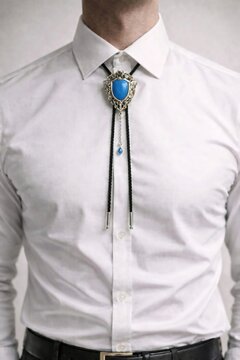 Man wearing elegant bolo tie with blue turquoise shield heraldic pendant