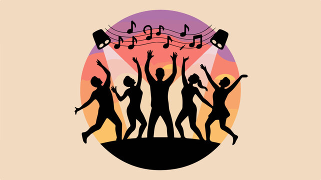 Silhouettes of people dancing with musical notes at sunset joyful party atmosphere with vibrant colors