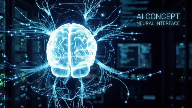 futuristic artificial intelligence concept, glowing neural network surrounding human brain hologram, dark technology background, blue neon light