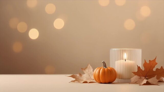 Still life autumn harvest with pumpkin lantern candle and fallen leaves on table