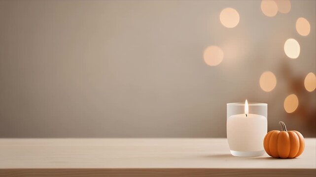 Still life autumn decor with candle and pumpkin on wooden table against bokeh lights