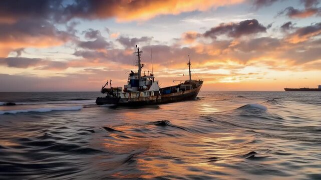 Oil spill pollution on ocean surface with dramatic lighting, environmental disaster concept, high detail documentary style