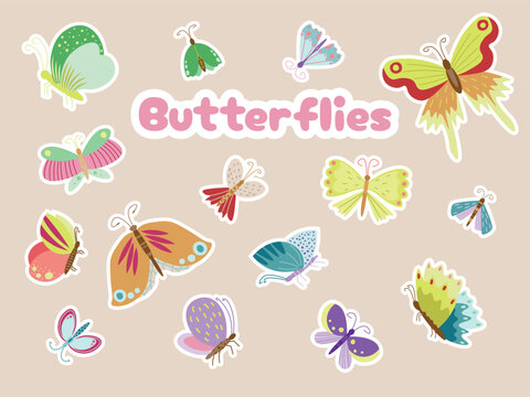 Cute Whimsical Butterflies Vector Sticker Collection. Whimsical Hand-Drawn Doodle Stickers