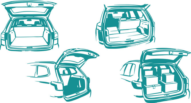 Car Trunk Vector Set, Hand Drawn Open Boot Clipart Design, Vehicle Storage Line Art Illustration Collection.