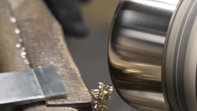 Extreme close up of metal shavings curling away from a workpiece on a high-speed industrial lathe