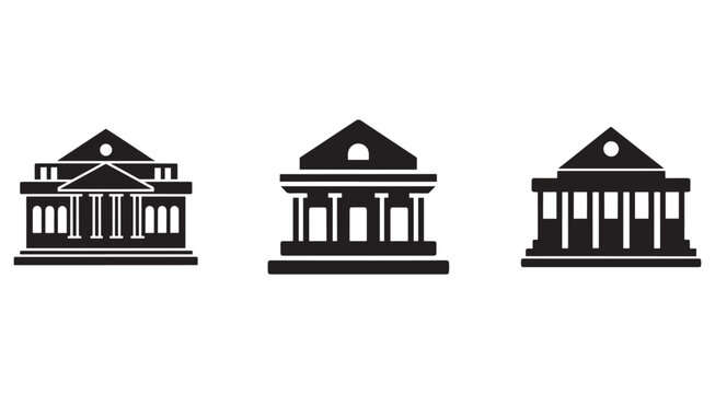 Black and white illustration of three different types of building facades with columns and triangular roofs on white background  architectural icons