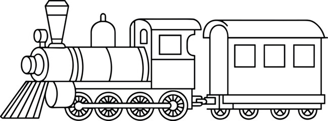 Black and white line art illustration of a vintage steam locomotive train with a passenger car isolated on a white background for coloring (25 words) © Mst