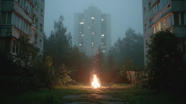 Bonfire igniting in misty urban courtyard surrounded by high-rise apartments. Flames grow amid fog-shrouded buildings and trees in residential night scene with glowing fire path