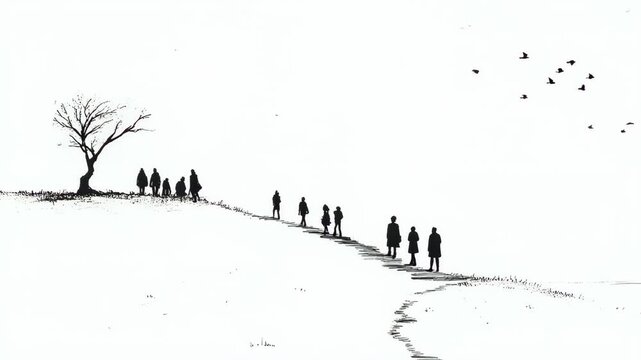 Silhouetted group walking across snowy hill past barren tree with birds flying. Winter landscape journey sequence showing progression in vast white terrain