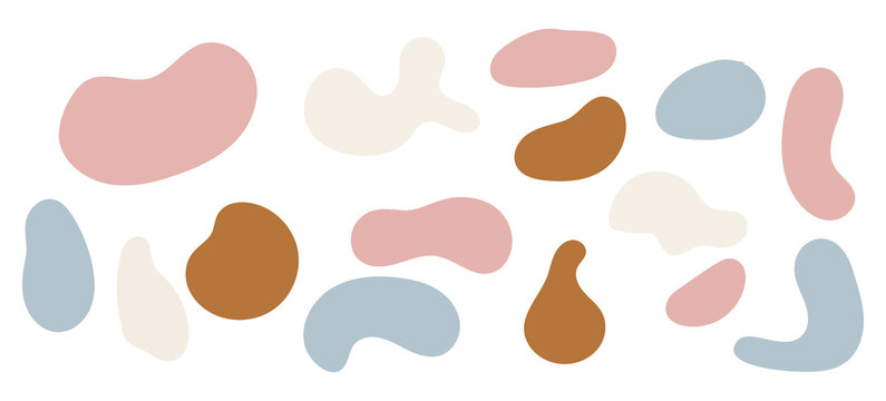 Abstract blob shape organic vector elements in pastel beige pink colors. Colorful doodle abstract liquid blob, wavy different form. Soft round oval pattern background. Vector illustration