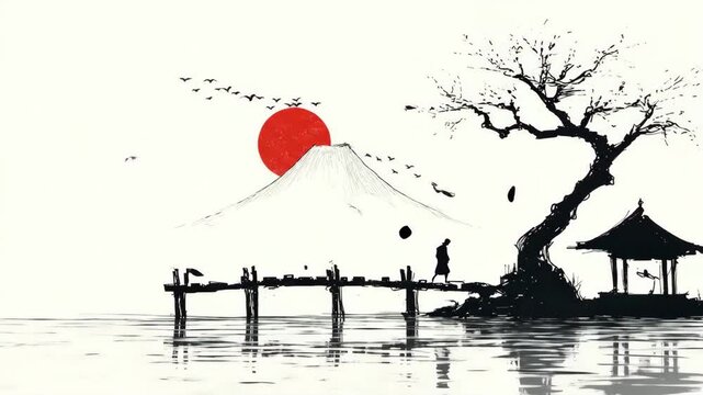 Birds flying across serene Japanese landscape with Mount Fuji red sun bare tree and pier pavilion. Traditional ink wash painting animation of tranquil nature scene