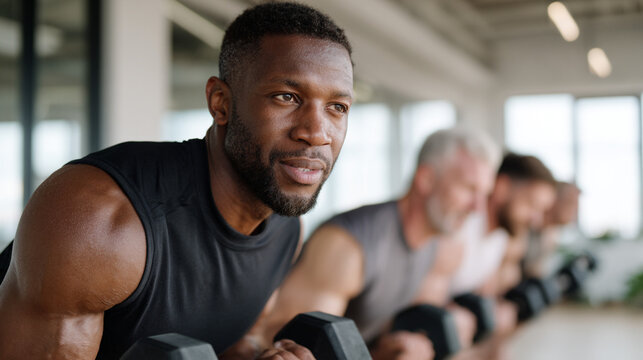 Hombre entrenando con mancuernas en primer plano junto a grupo en sesi&oacute;n de fitness en interior
