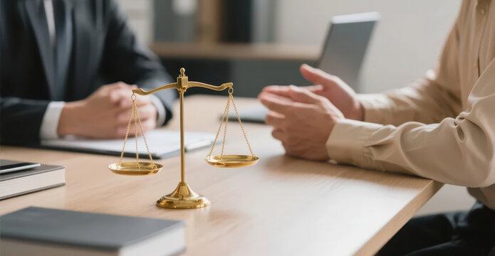 The scale on the desk symbolizes fairness and justice, and the conversation between two business people presents a professional legal consultation atmosphere, making it a material image suitable for l