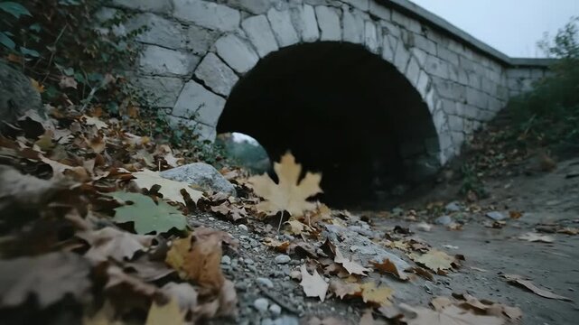 Soccer ball rolling toward stone archway under bridge. Leaves scattering in autumn wind as ball enters dark tunnel. Motion in fall nature landscape sequence