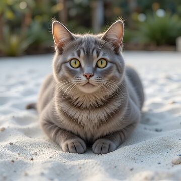 Lovely cute tubby cat with  beautiful yellow eyes on white sand in garden outdoor