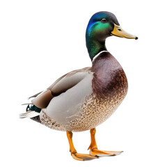 Obraz premium Mallard duck standing in a natural pose, showcasing its colorful feathers and details on a bright background during midday light