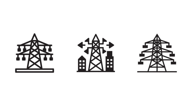 Electricity transmission towers and power lines with cityscape  industrial infrastructure icons
