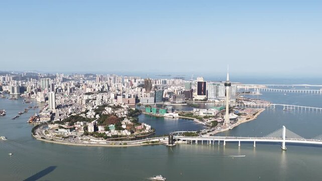 Aerial view of macau peninsula cityscape and famous bridges