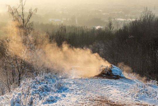 Smoking Halda Ema hill in Ostrava city in Czech republic during winter