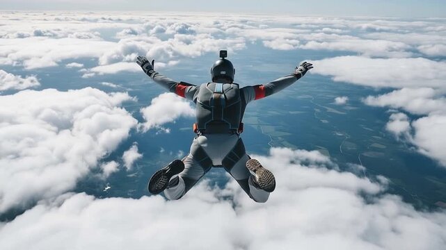 A skydiver in freefall with arms outstretched above the clouds in a video