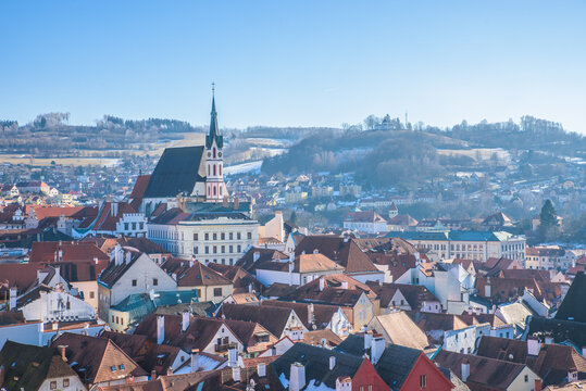 View of historical centre of Cesky Krumlov town on Vltava riverbank on autumn day overlooking medieval Castle, Czech Republic. View of old town of Cesky Krumlov, South Bohemia, Czech Republic.