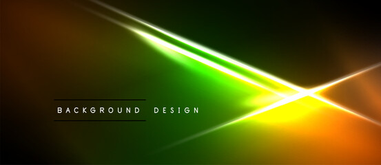 Fototapeta premium Abstract neon lights create vibrant gradients. Diagonal lines intersect, forming bright center point. Dark background enhances luminosity.
