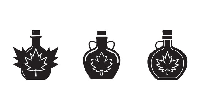 Maple syrup bottles with leaf design on white background