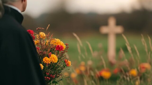 Priest in cassock placing marigold bouquet at wooden cross in grassy field. Memorial tribute and remembrance in cemetery. Faith and solemn homage concept