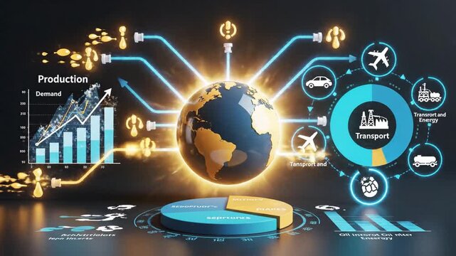 Seamless loopable petroleum oil production data visualization featuring financial chart and energy growth graph for transport fuel industry analysis and global power resource management.