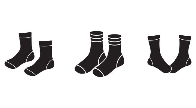 Set of black sock icons in different styles and lengths on white background  various sock designs