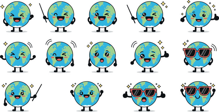 Set of cute earth globe characters showing different emotions and actions in cartoon style with expressive faces and fun poses