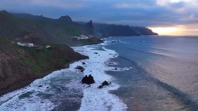 Almaciga village by the ocean in the north of Tenerife. Anaga Rural Park. Canary Islands. Aerial video.